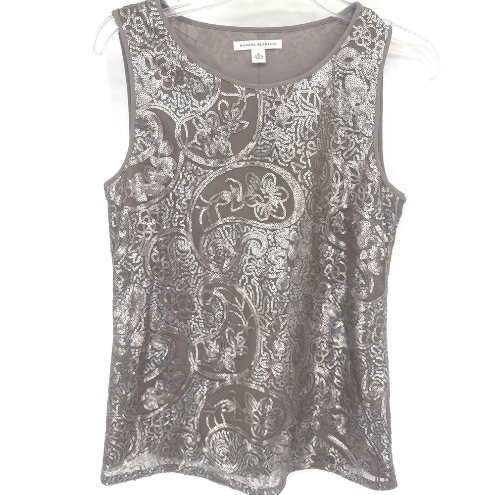Banana Republic Womens Sequin Paisley Floral Tank Top 4 Taupe Silver‎ Sleeveless